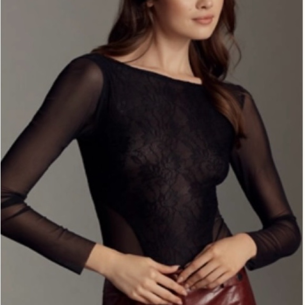 Anthropologie Black Sheer Fitted Bodysuit